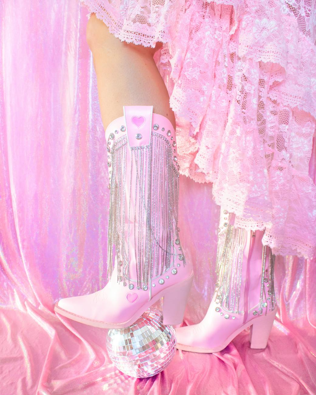 pink cowboy boots with sparkling disco theme